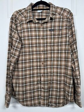 Columbia Plaid Flannel Button Down Shirt Brown Outdoor Hiking L